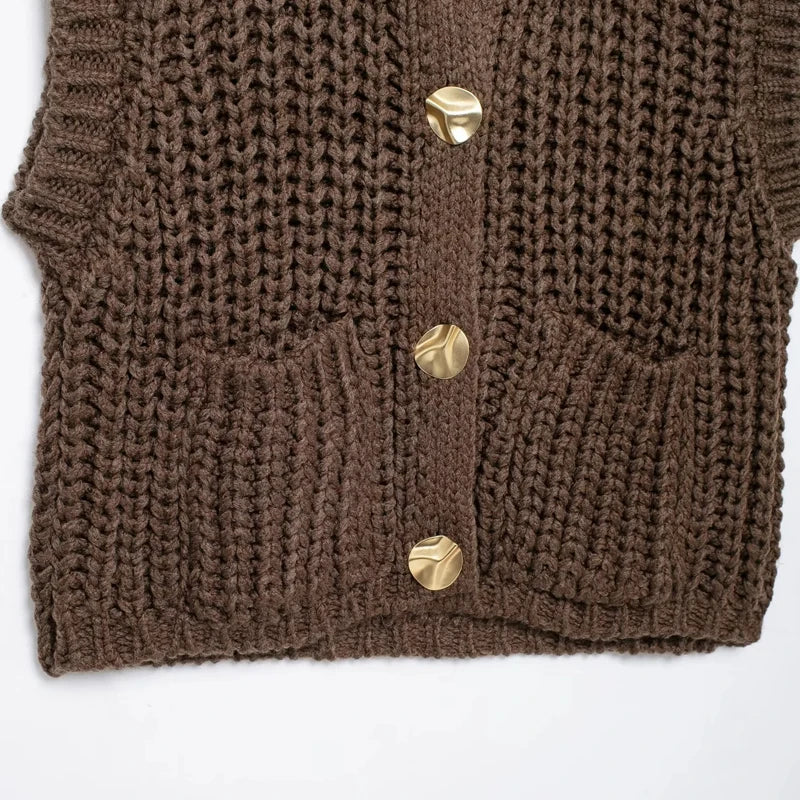 HXAO Womens Sleeveless Brown Knit Vest Cropped Preppy Style