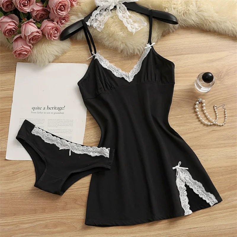 Women Cotton Pajama Set Two Piece Nightdress Bow Sleepwear