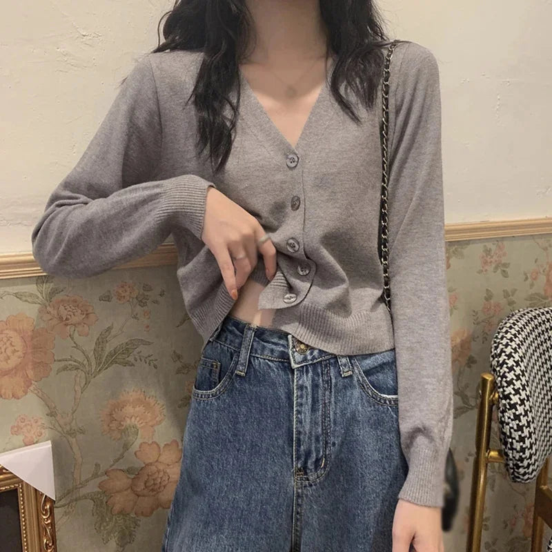 Women's Long Sleeve Cropped V Neck Cardigan Knit Sweater
