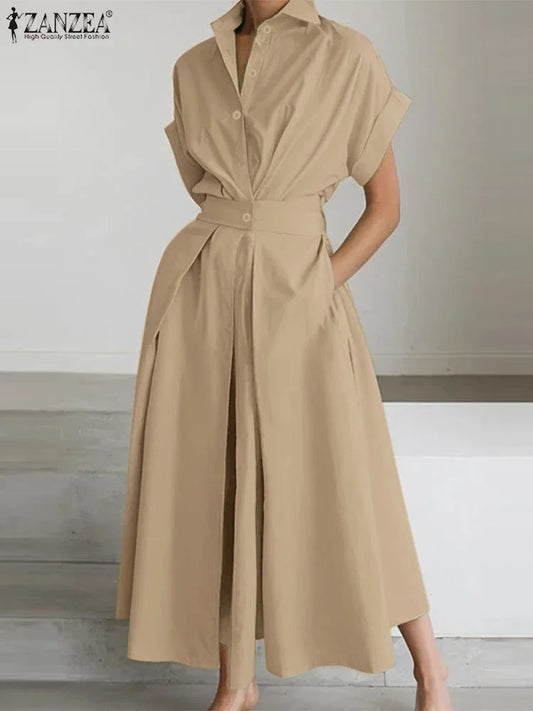 Women High Waist Midi Shirt Dress in Polyester Short Sleeve