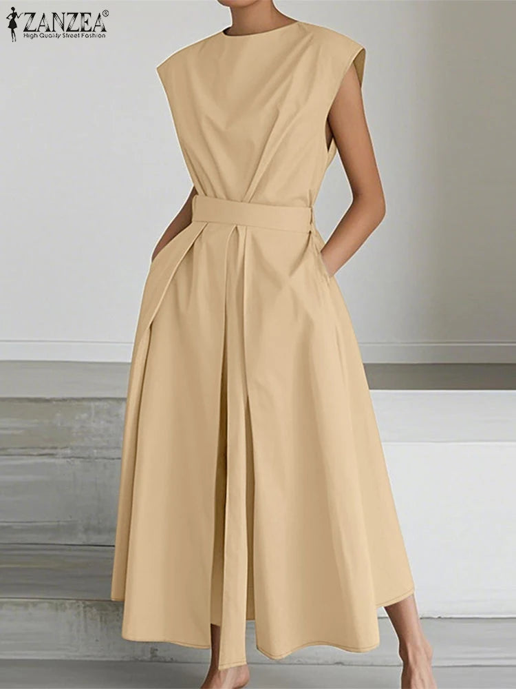 Elegant Summer Polyester Shirt Dress With High Waist Midi