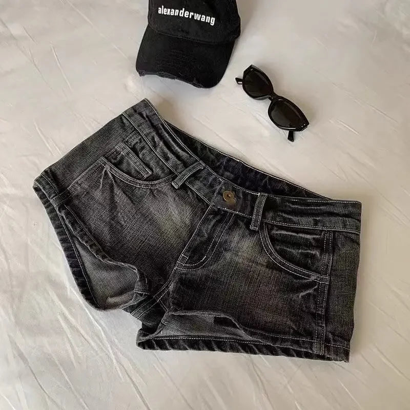Y2K Denim Mini Shorts Women Low Rise Button Fly Gyaru Style