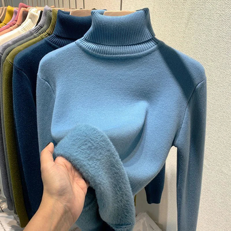 Women Turtleneck Velvet Lined Knit Sweater Thick Warm