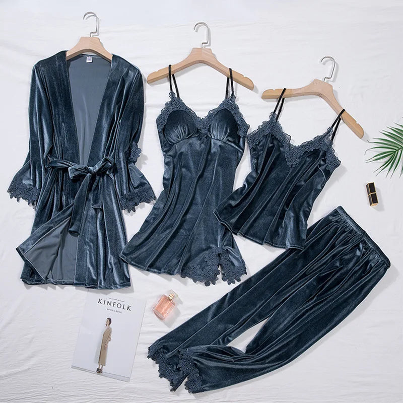 Velour Home Pajama Set For Women 4pcs Lace Velvet Sleepwear