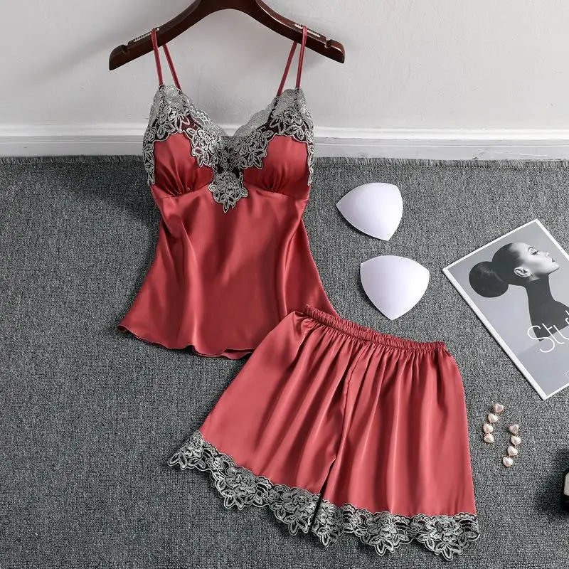 Satin 2 Piece Pajamas Set Strap Top Shorts Sleepwear Lace
