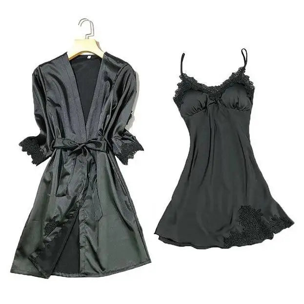 Satin Kimono Robe For Women Sleepwear Lace Trim V Neck