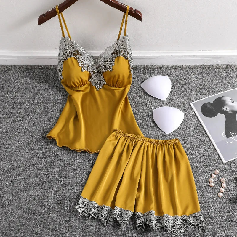 Satin 2 Piece Pajamas Set Strap Top Shorts Sleepwear Lace
