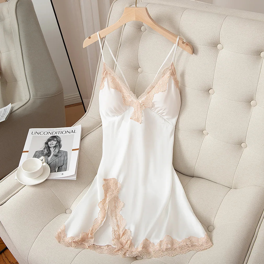 Satin Spaghetti Strap Nightgown Women V Neck Sleep Dress
