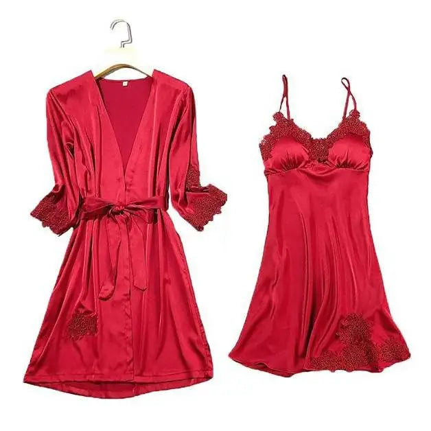 Satin Kimono Robe For Women Sleepwear Lace Trim V Neck