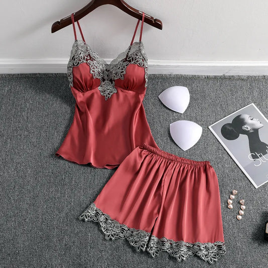 Satin 2 Piece Pajamas Set Strap Top Shorts Sleepwear Lace