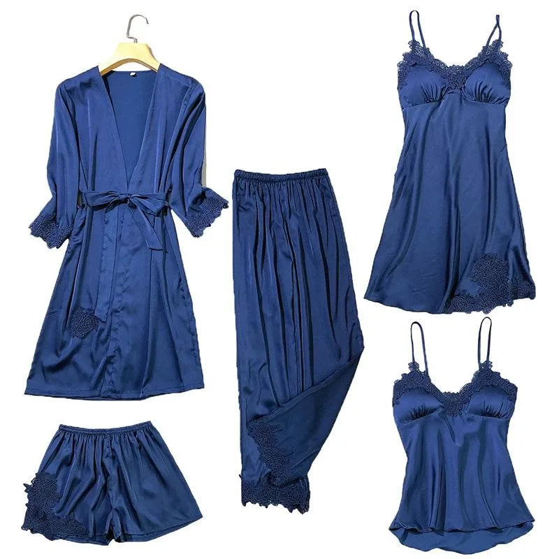 Satin Kimono Robe For Women Sleepwear Lace Trim V Neck