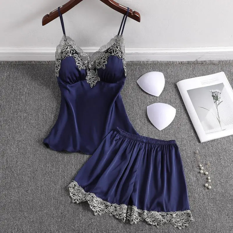 Satin 2 Piece Pajamas Set Strap Top Shorts Sleepwear Lace