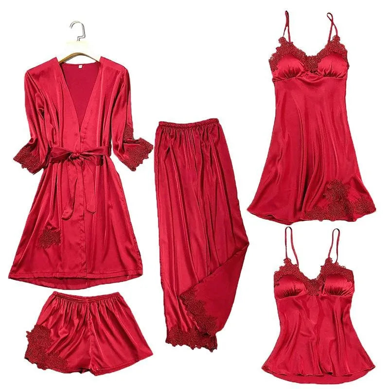 Satin Kimono Robe For Women Sleepwear Lace Trim V Neck