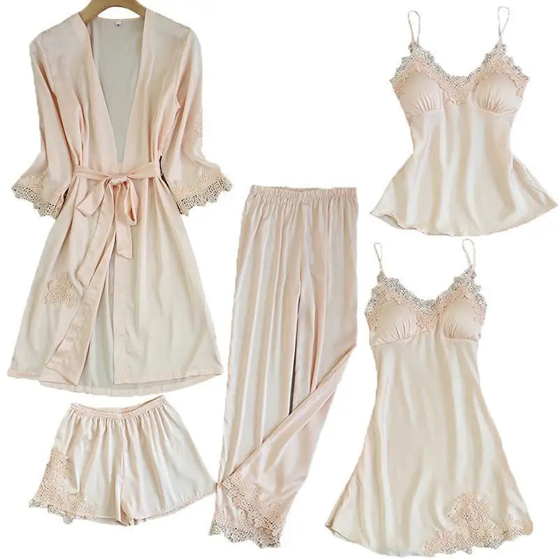 Satin Kimono Robe For Women Sleepwear Lace Trim V Neck