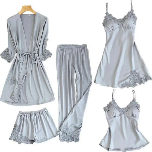 Satin Kimono Robe For Women Sleepwear Lace Trim V Neck
