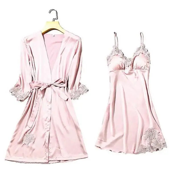 Satin Kimono Robe For Women Sleepwear Lace Trim V Neck