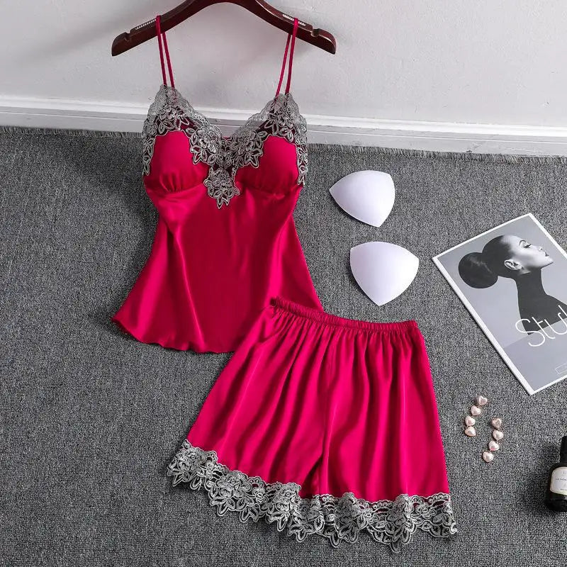 Satin 2 Piece Pajamas Set Strap Top Shorts Sleepwear Lace