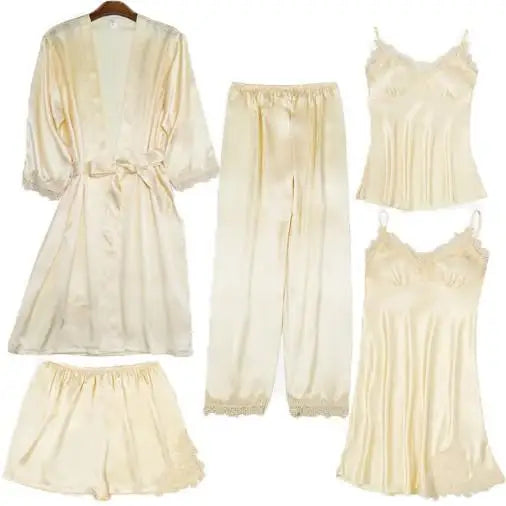 Satin Kimono Robe For Women Sleepwear Lace Trim V Neck
