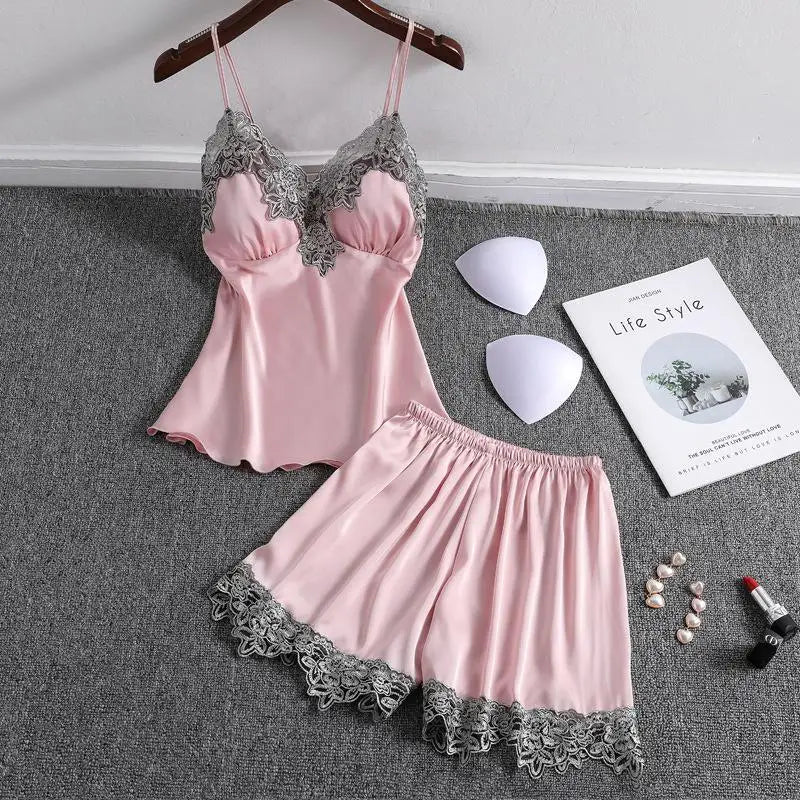 Satin 2 Piece Pajamas Set Strap Top Shorts Sleepwear Lace