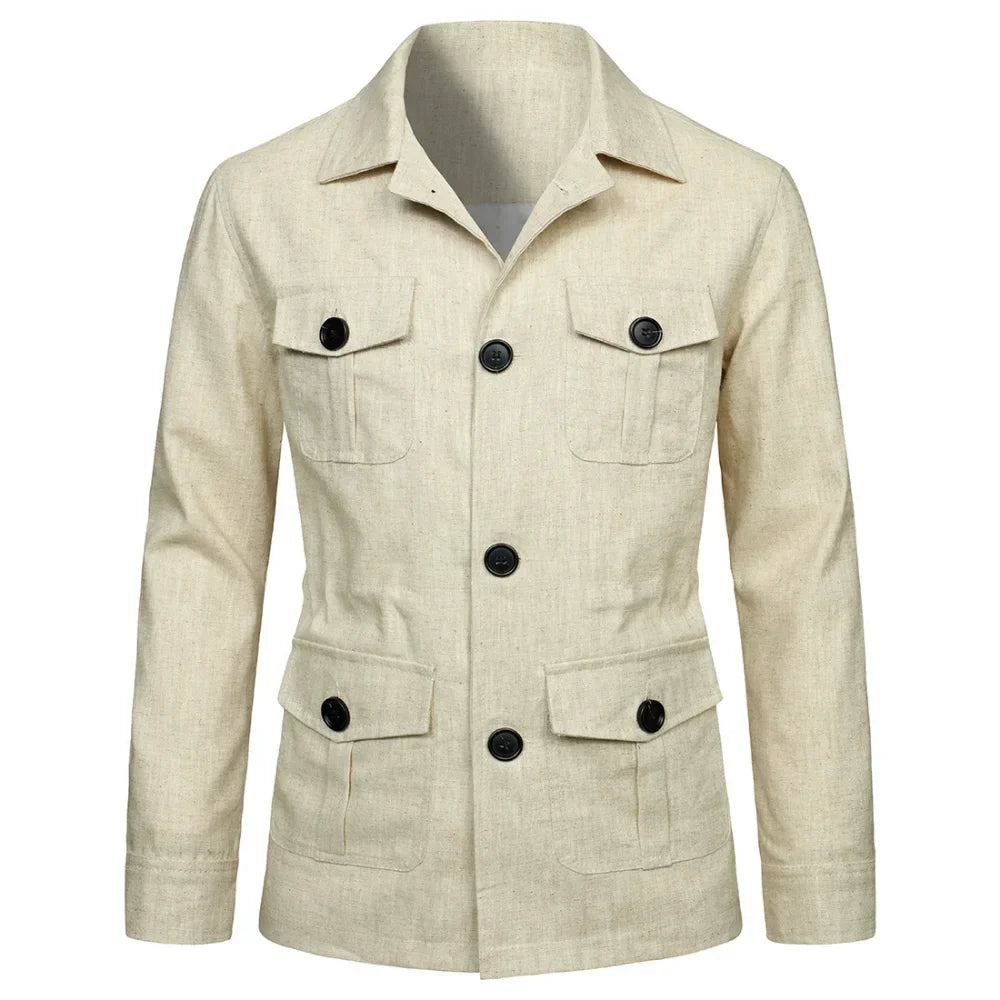 Mens Safari Jacket Linen Outerwear Solid Color Retro