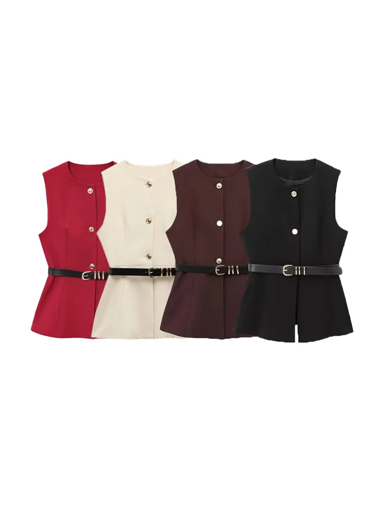 Women Long Waistcoat With Belt O Neck Vest Gold Button