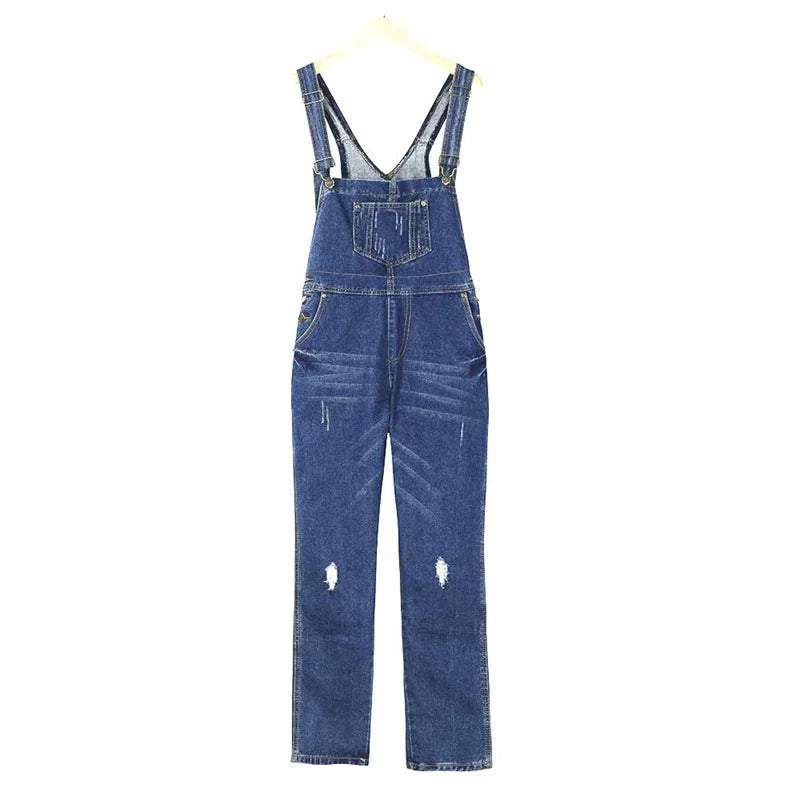Casual Denim Jumpsuits For Women Ripped Pocket Suspenders