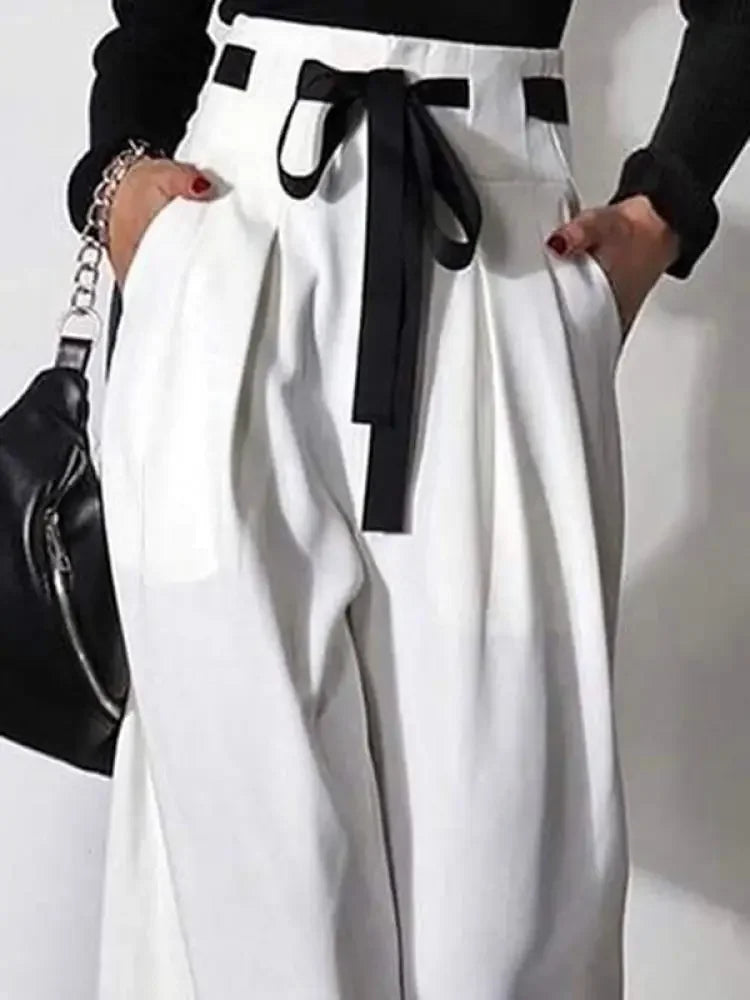 Bonboho White Drawstring High Waist Wide Leg Pants Women