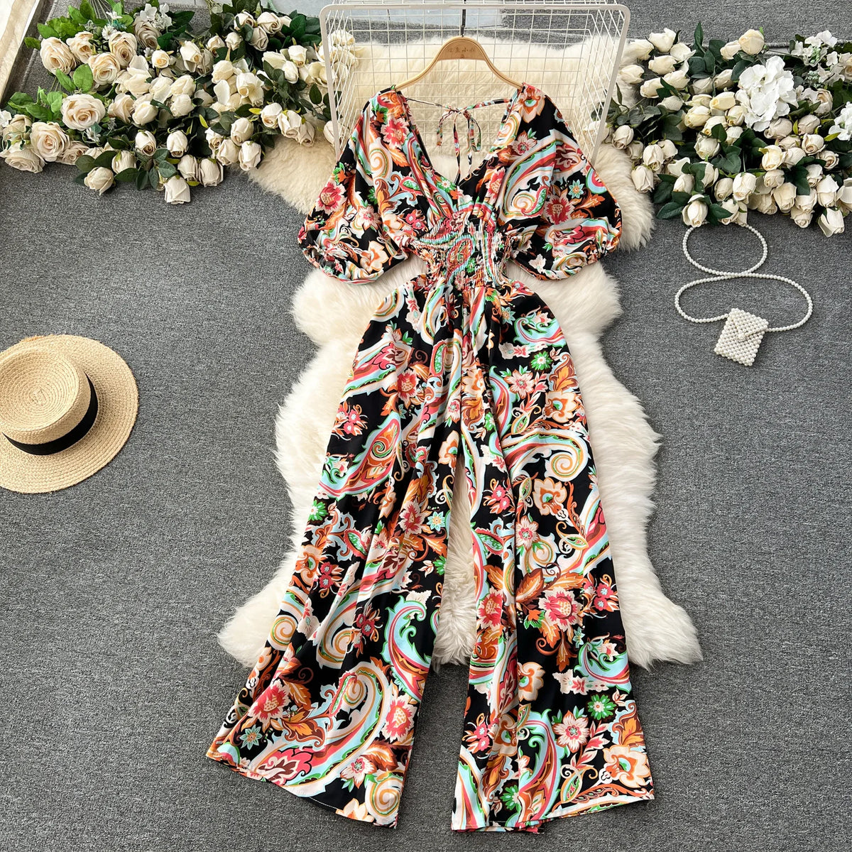 V Neck Dolman Sleeve Floral Print Jumpsuit For Women