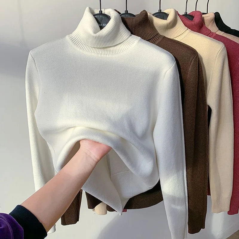 Women Turtleneck Velvet Lined Knit Sweater Thick Warm