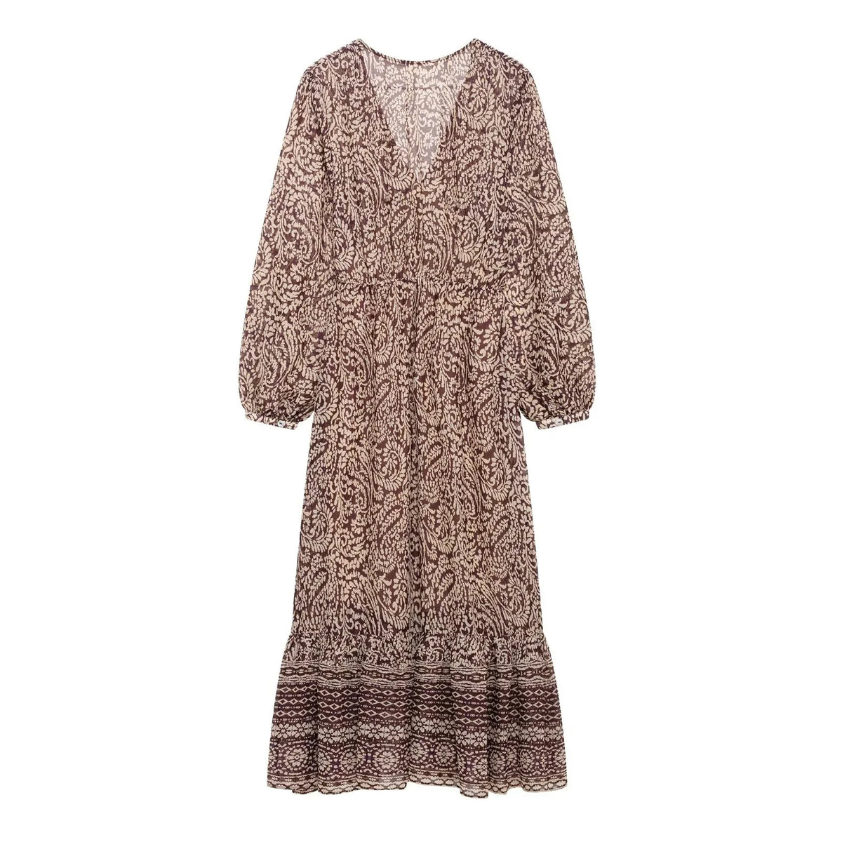 Retro Print Midi Dress With V Neck Gradient Design