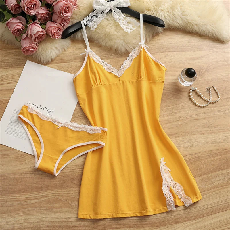 Women Cotton Pajama Set Two Piece Nightdress Bow Sleepwear