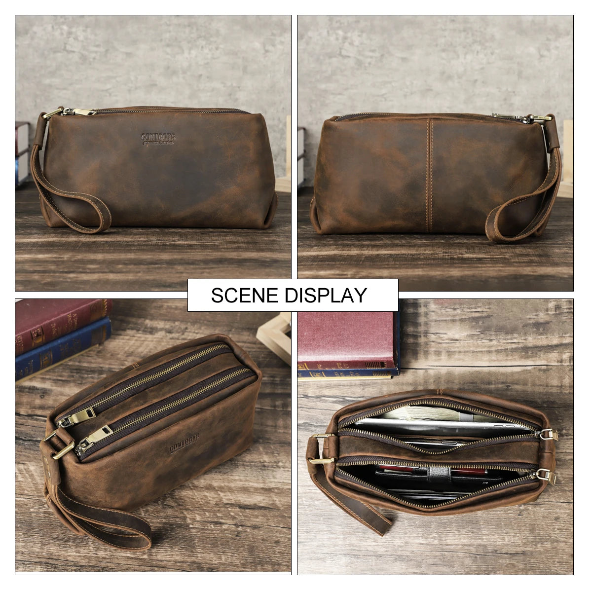 Vintage Genuine Crazy Horse Leather Men Clutch Bag Wallet