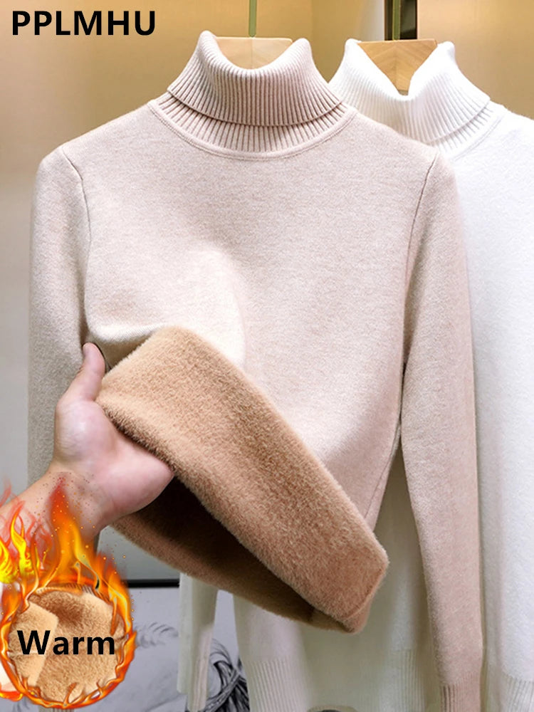 Women Turtleneck Velvet Lined Knit Sweater Thick Warm