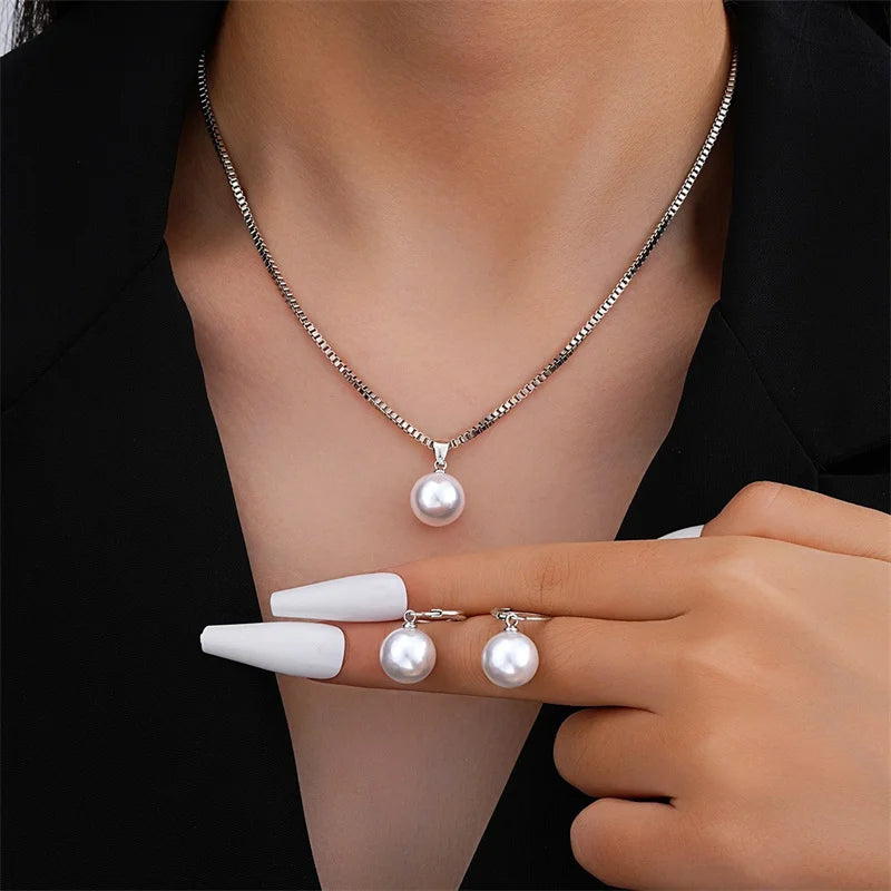 3 Piece Round Pearl Jewelry Set Earrings Pendant Necklace