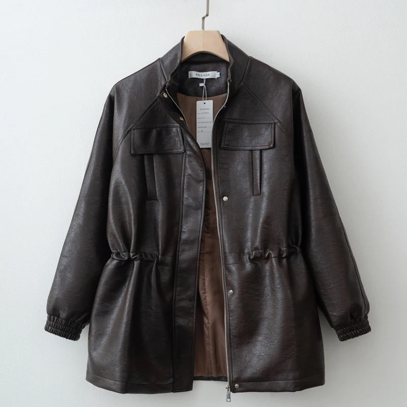 Women PU Leather Jacket With Elastic Waist Outerwear