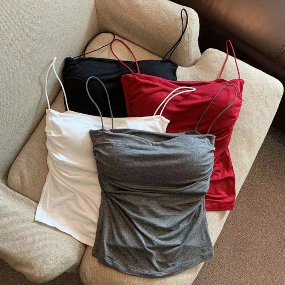 Women Summer Camisole Tank Built In Bra Spaghetti Straps