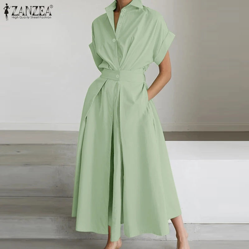 Elegant Summer Polyester Shirt Dress With High Waist Midi