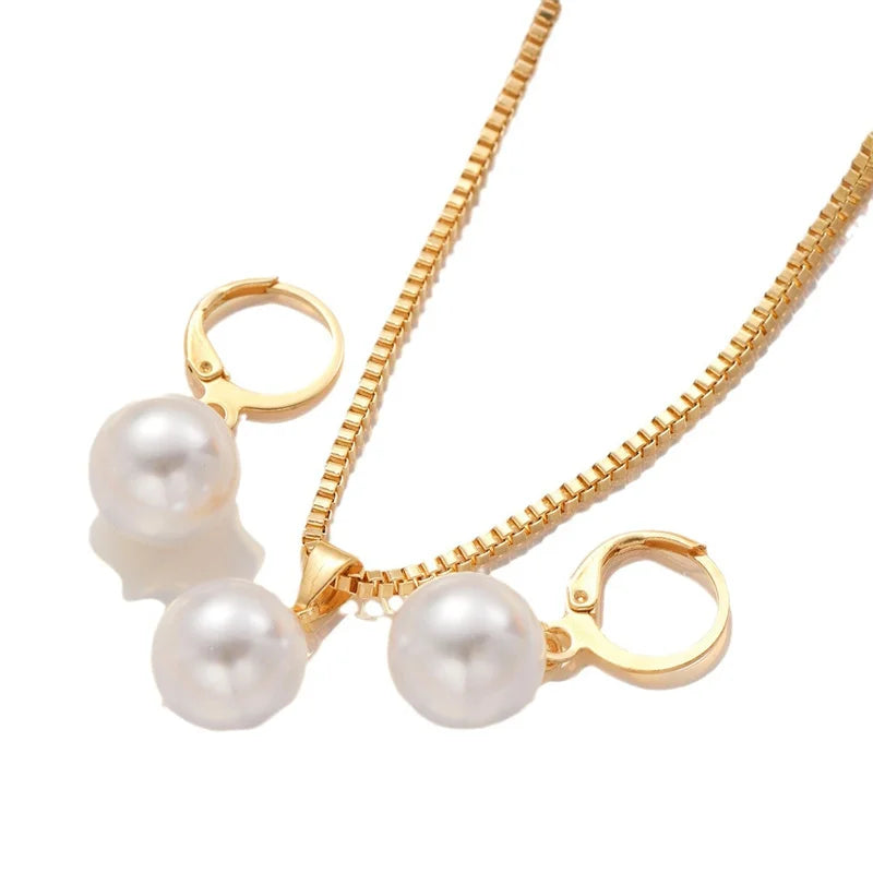 3 Piece Round Pearl Jewelry Set Earrings Pendant Necklace