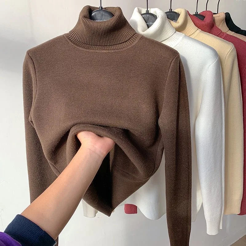 Women Turtleneck Velvet Lined Knit Sweater Thick Warm