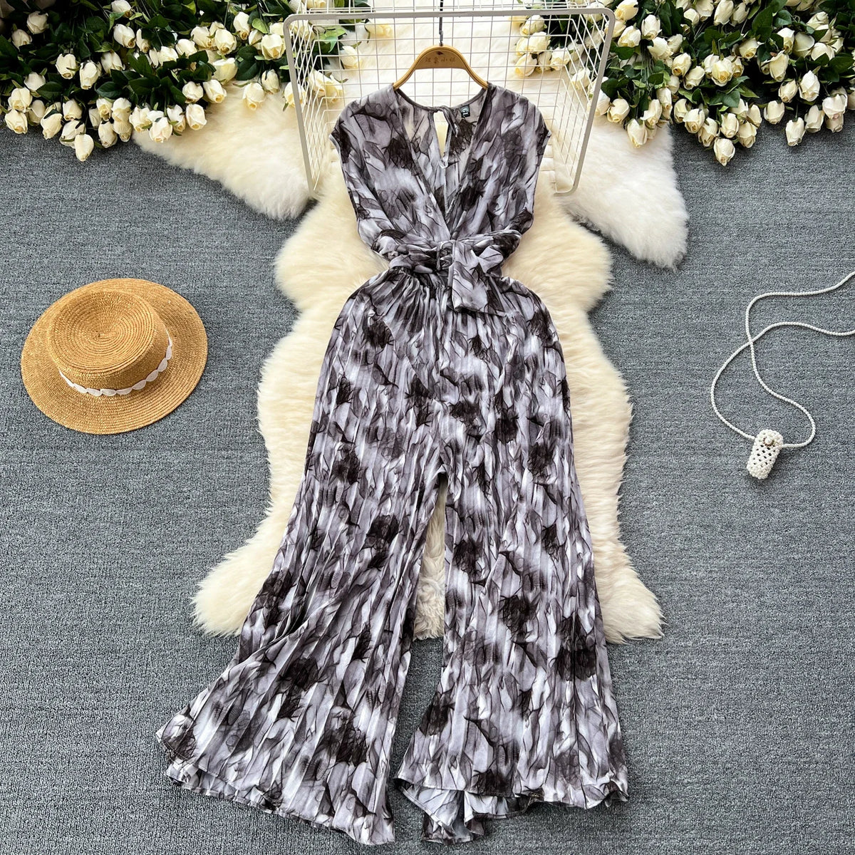 Summer Abstract Print Jumpsuit Wide Leg V Neck Women