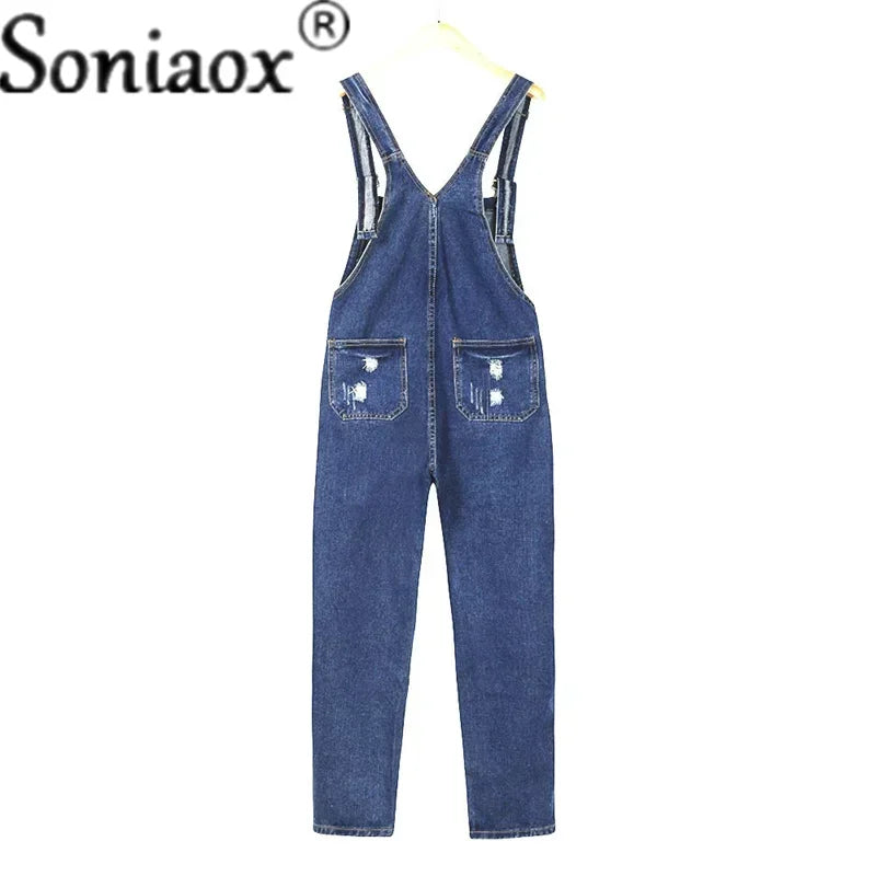 Casual Denim Jumpsuits For Women Ripped Pocket Suspenders