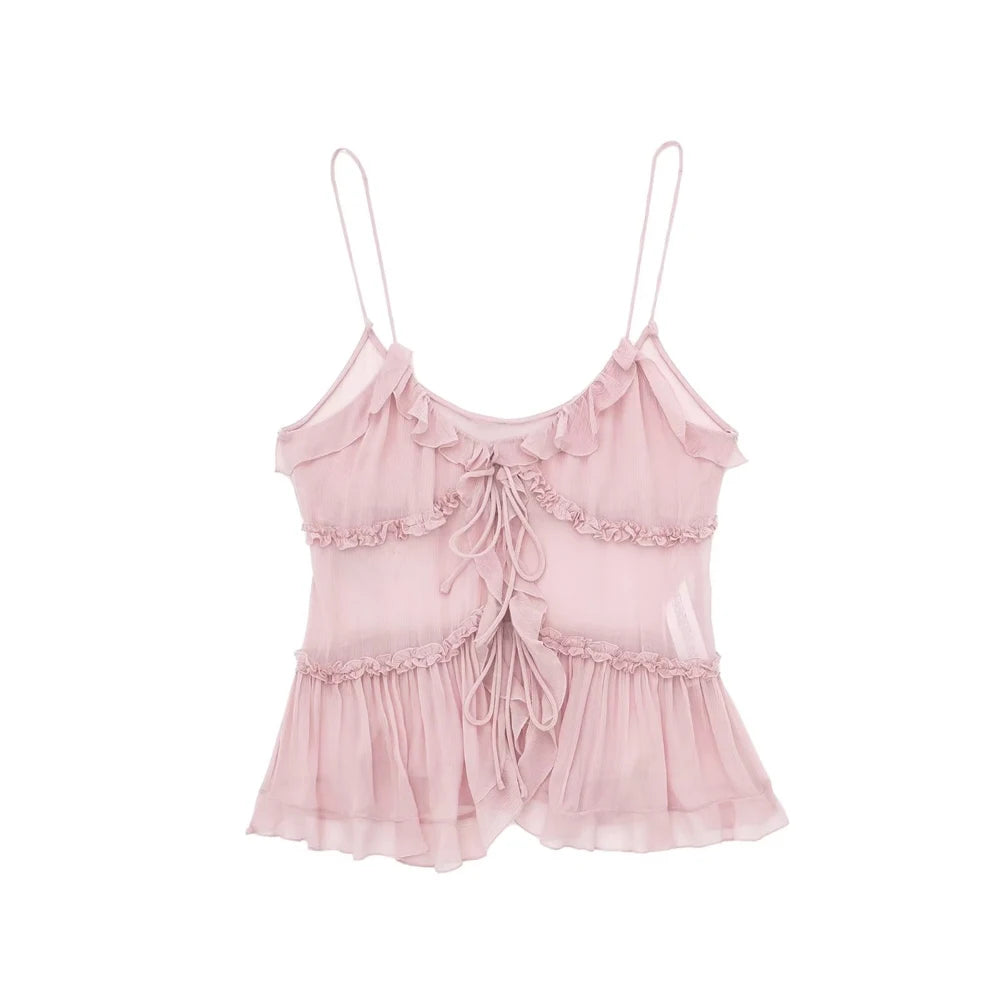 Trza Women Semi Sheer Tank Top With Ruffled Front Backless