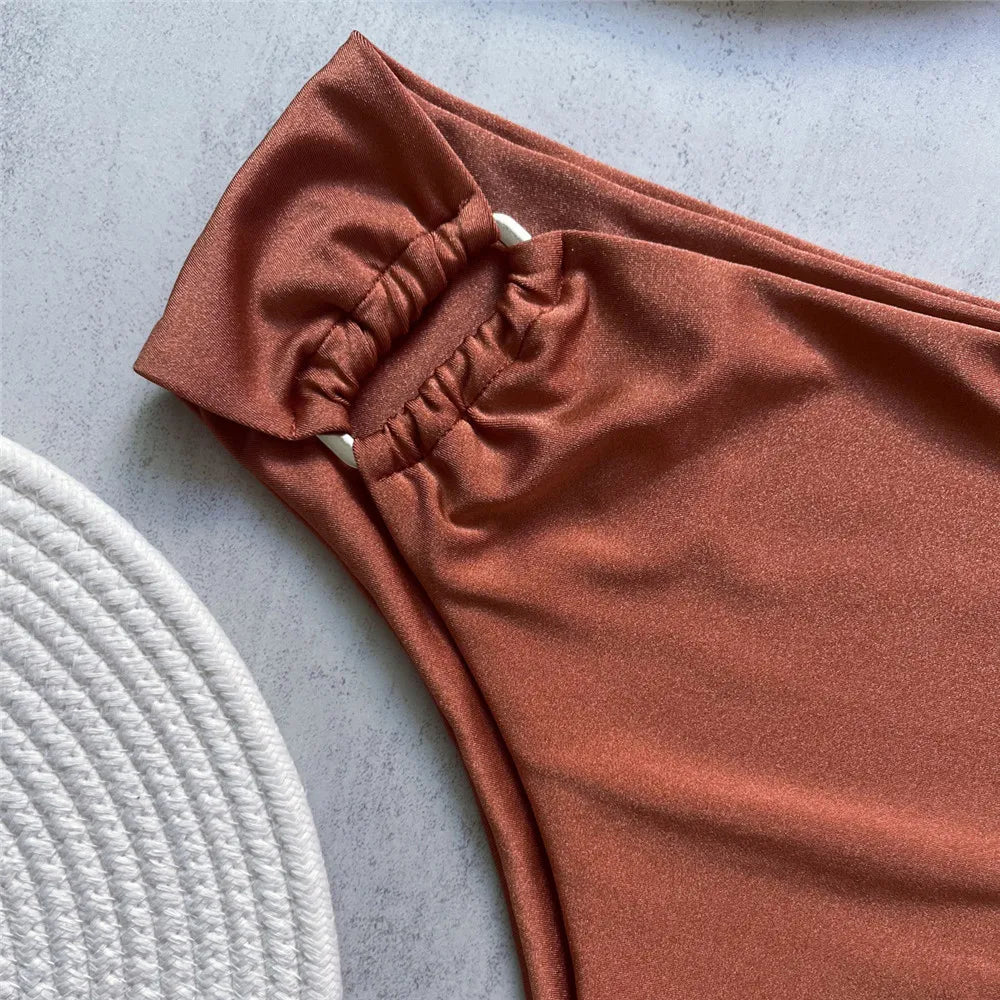Brown Shiny U Shaped Bikini High Waist Swimsuit Women 2025