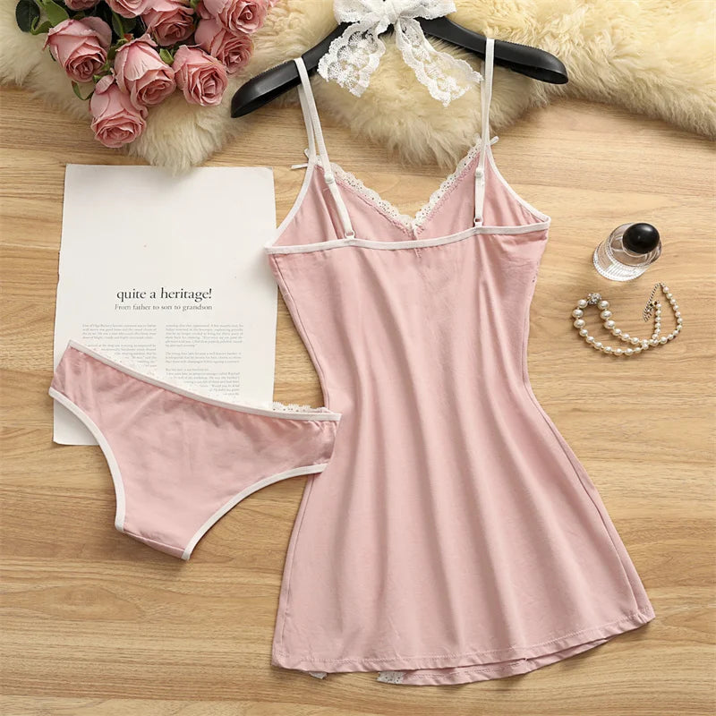 Women Cotton Pajama Set Two Piece Nightdress Bow Sleepwear