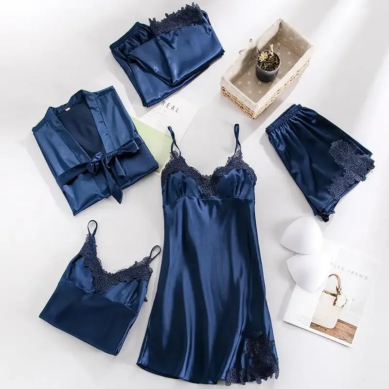 Five Piece Lace Satin Pajamas Set With V Neck For Women