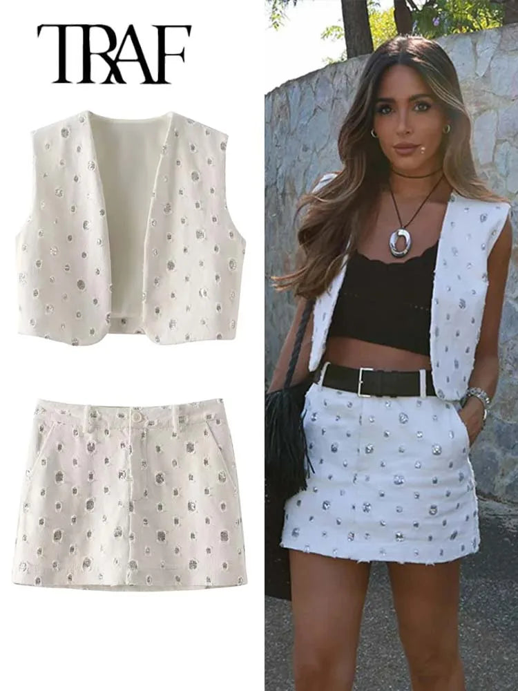 Traf Elegant Sequin Skirt Set For Women 2 Piece Vest Suit