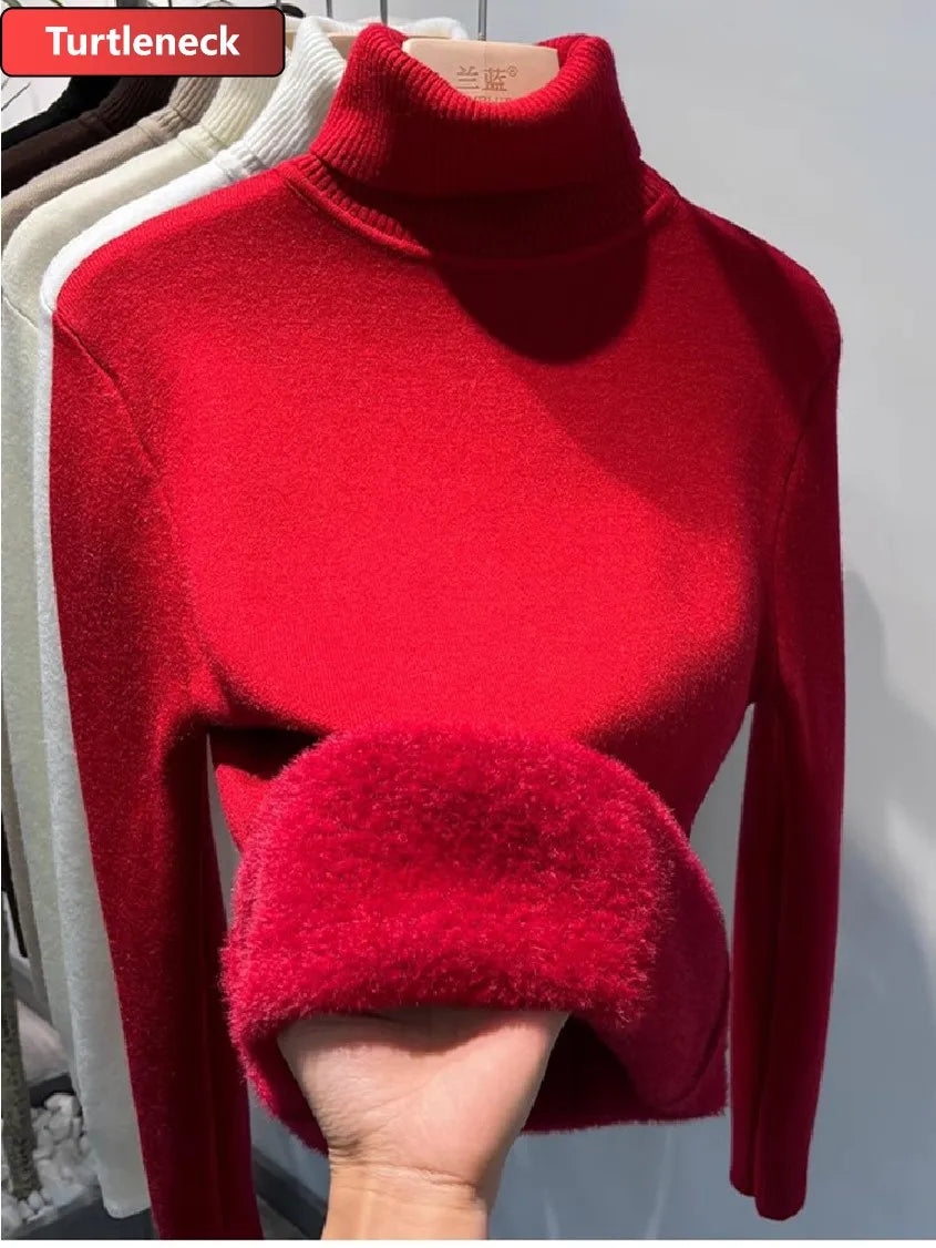 Women Turtleneck Velvet Lined Knit Sweater Thick Warm