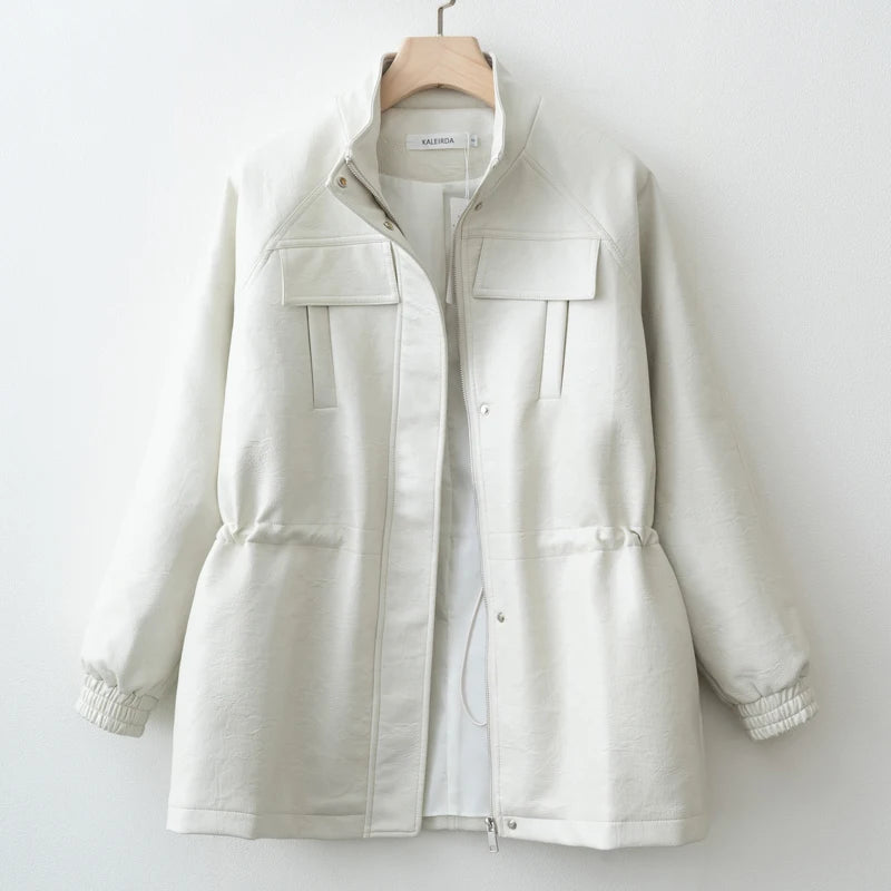 Women PU Leather Jacket With Elastic Waist Outerwear