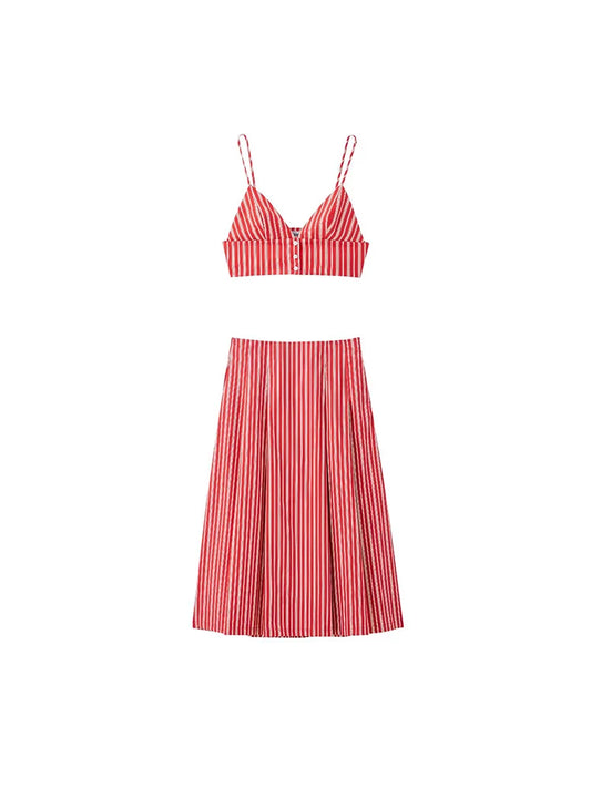 Striped Backless Blouse And Side Zip Mini Skirt Set