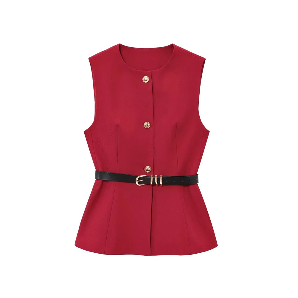 Women Long Waistcoat With Belt O Neck Vest Gold Button